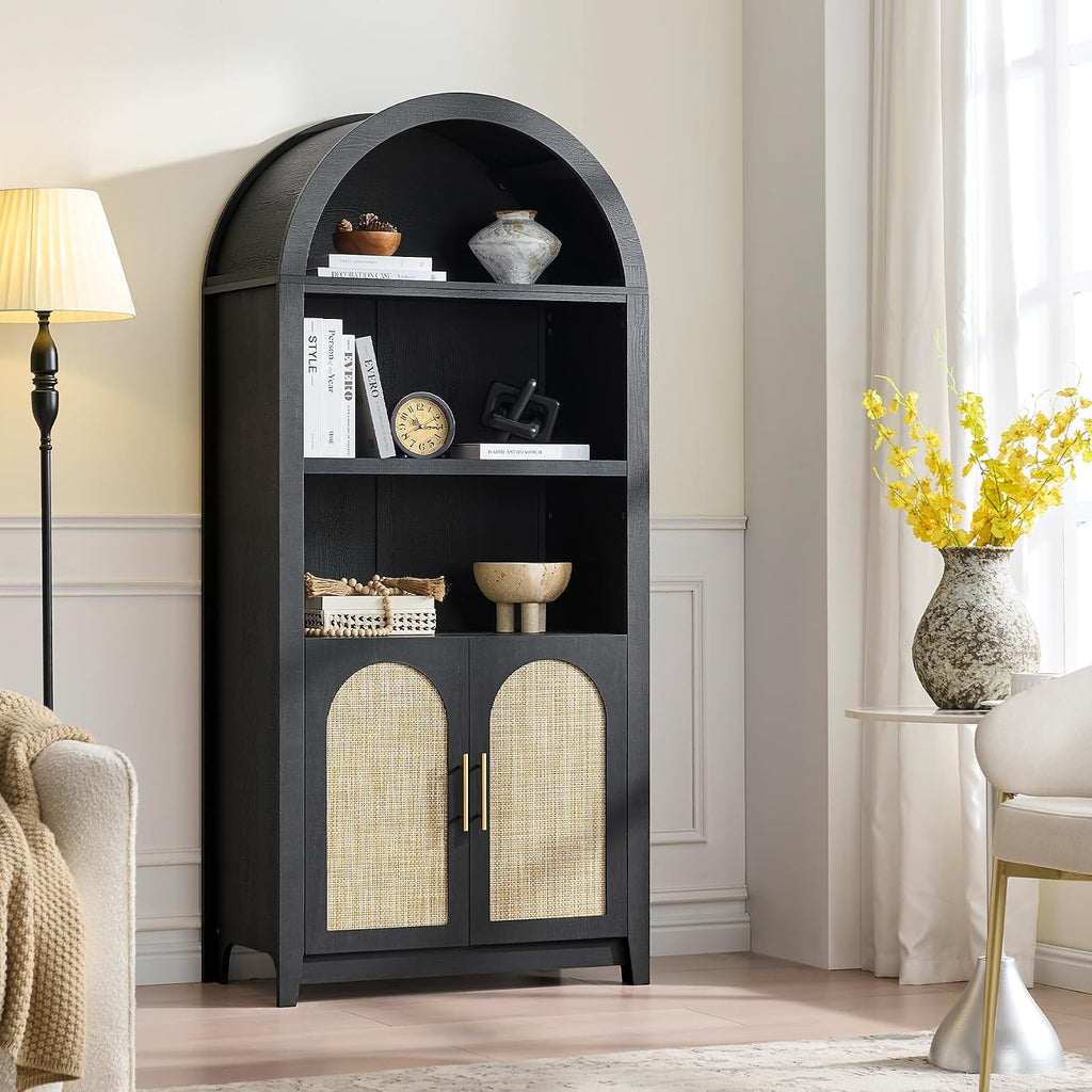 RowyPoey Rattan Arched Cabinet Bookshelf - 69.3' Tall Mid Century Display Cabinet, Rounded Bookcase with Rattan Doors, Open Shelf Storage for Dining Room (Black, 1 PC)