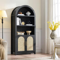 RowyPoey Rattan Arched Cabinet Bookshelf - 69.3' Tall Mid Century Display Cabinet, Rounded Bookcase with Rattan Doors, Open Shelf Storage for Dining Room (Black, 1 PC)