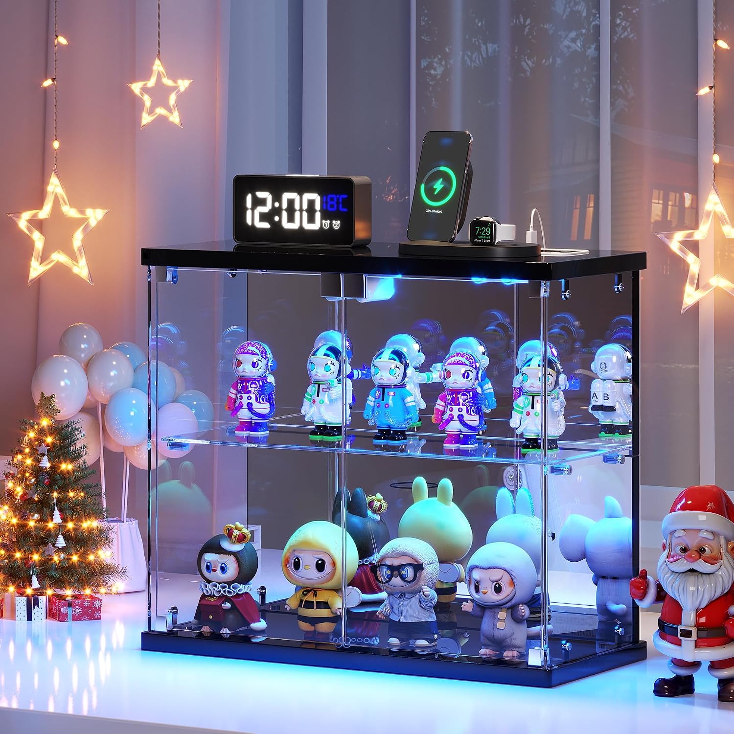 Dystler 2pcs LED Clear Glass Display Case - for Figures & Collectibles, Small 2-Tier Display Cabinet with Charging Station, Display Box with Lights & Human Sensor, for Model Car, Perfume, Black