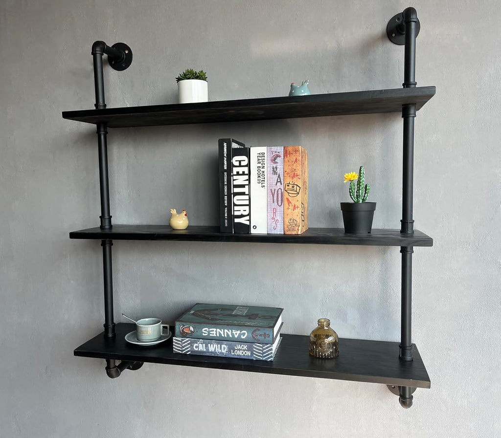 HDDFER Industrial Pipe Shelf Shelving Bookcase, Wall Mounted Rustic Bookshelf, Floating Bookshelves for Wall,Retro Wood Metal Pipe Industrial Shelves for Living Room