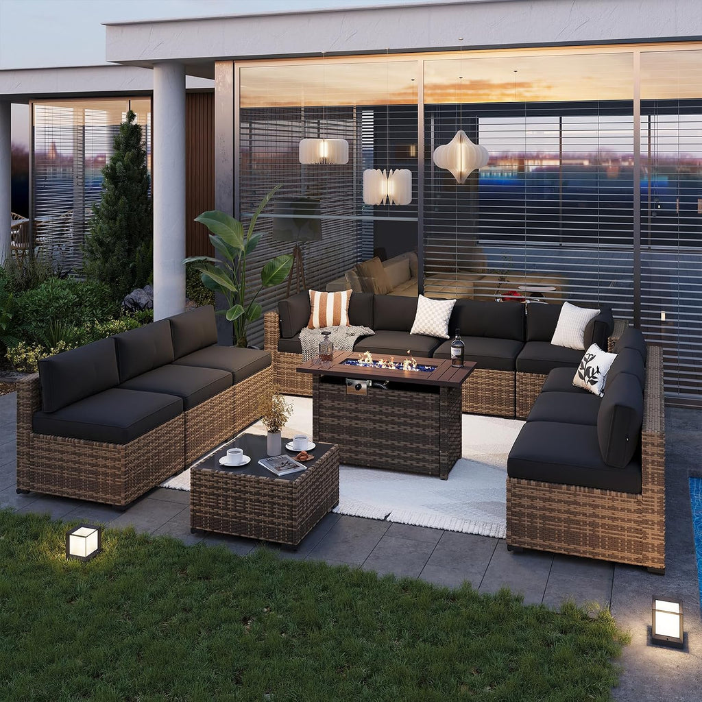 Aoxun Patio Furniture Sets, 12-Piece Outdoor Patio Furniture with 44'' Propane Gas Firepit Table, Wicker Outdoor Conversation Set Sectional Sofa for Backyard, Poolside, Garden