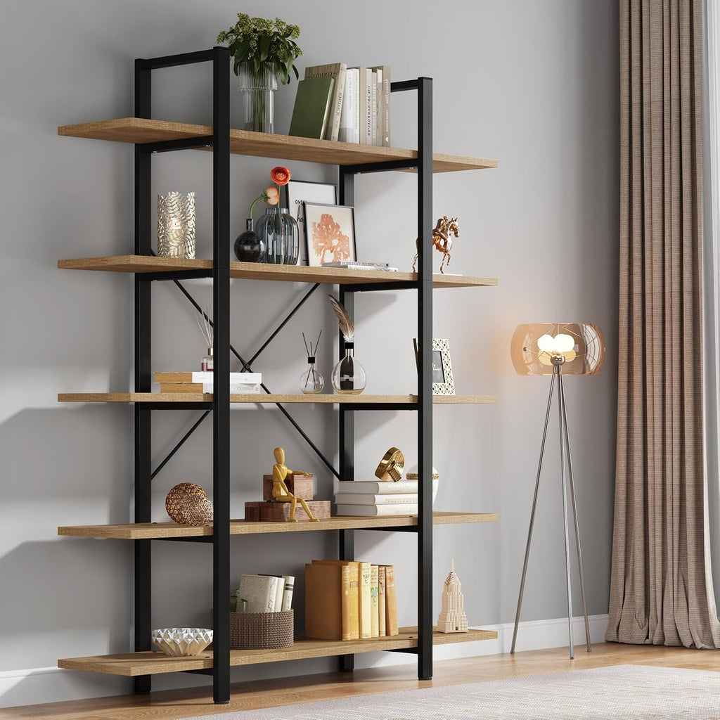 Tribesigns 5-Tier Bookshelf, Vintage Industrial Style Bookcase 72 H x 12 W x 47L Inches (Beige)
