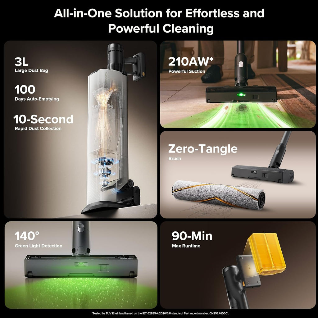 roborock H60 Hub Ultra Cordless Vacuum Cleaner with Auto-Empty Dock, 210AW Suction Stick Vacuum Cleaners for Home and Pet Hair, Rechargeable, 90-Min Runtime, Anti-Tangle Brush, 140° LED Dust Detection