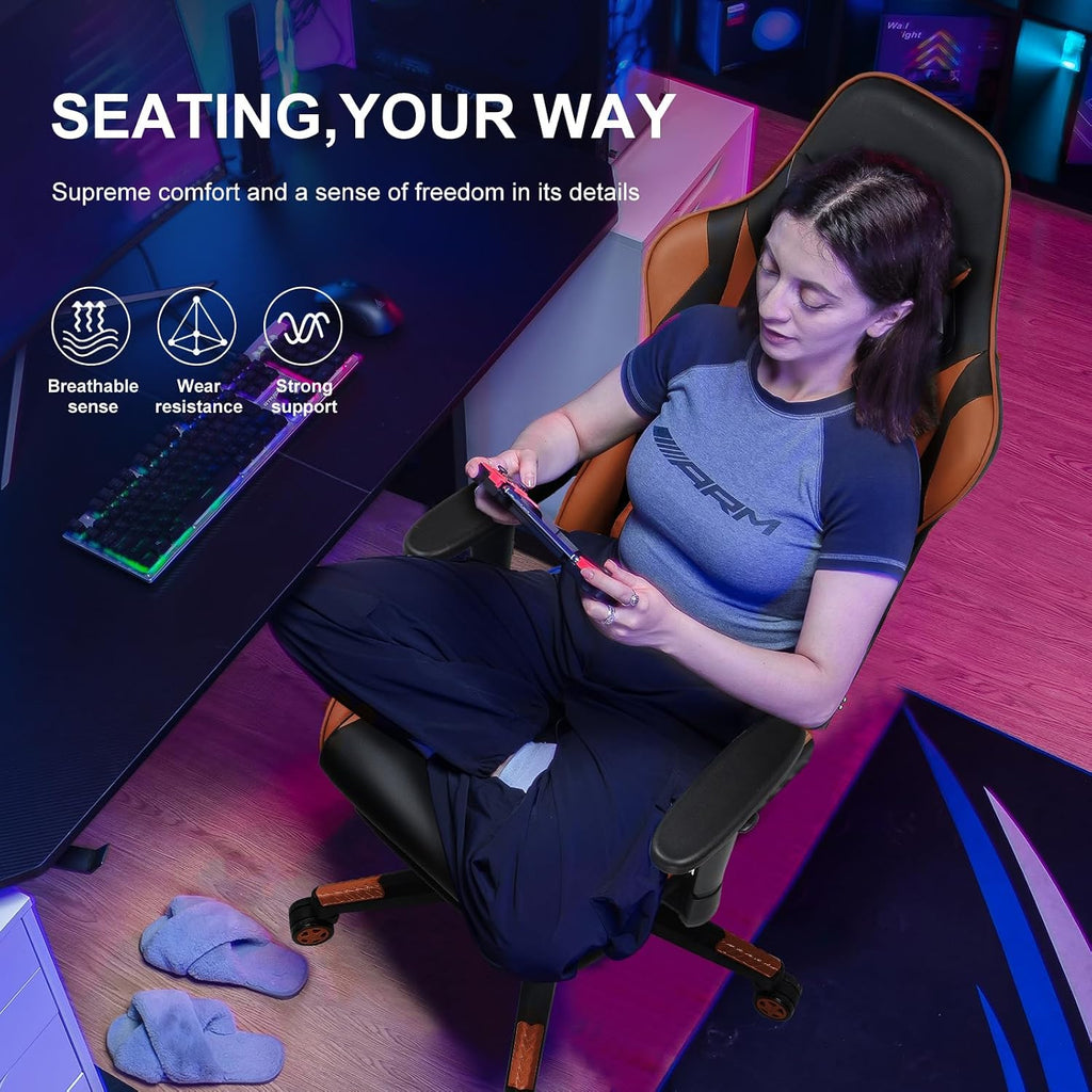 GTPLAYER Gaming Chair with Footrest, Ergonomic Computer Game Desk Chair, Reclining Gaming Chair Seat Height Adjustment, Swivel Rocker with Headrest and Lumbar (Brown)