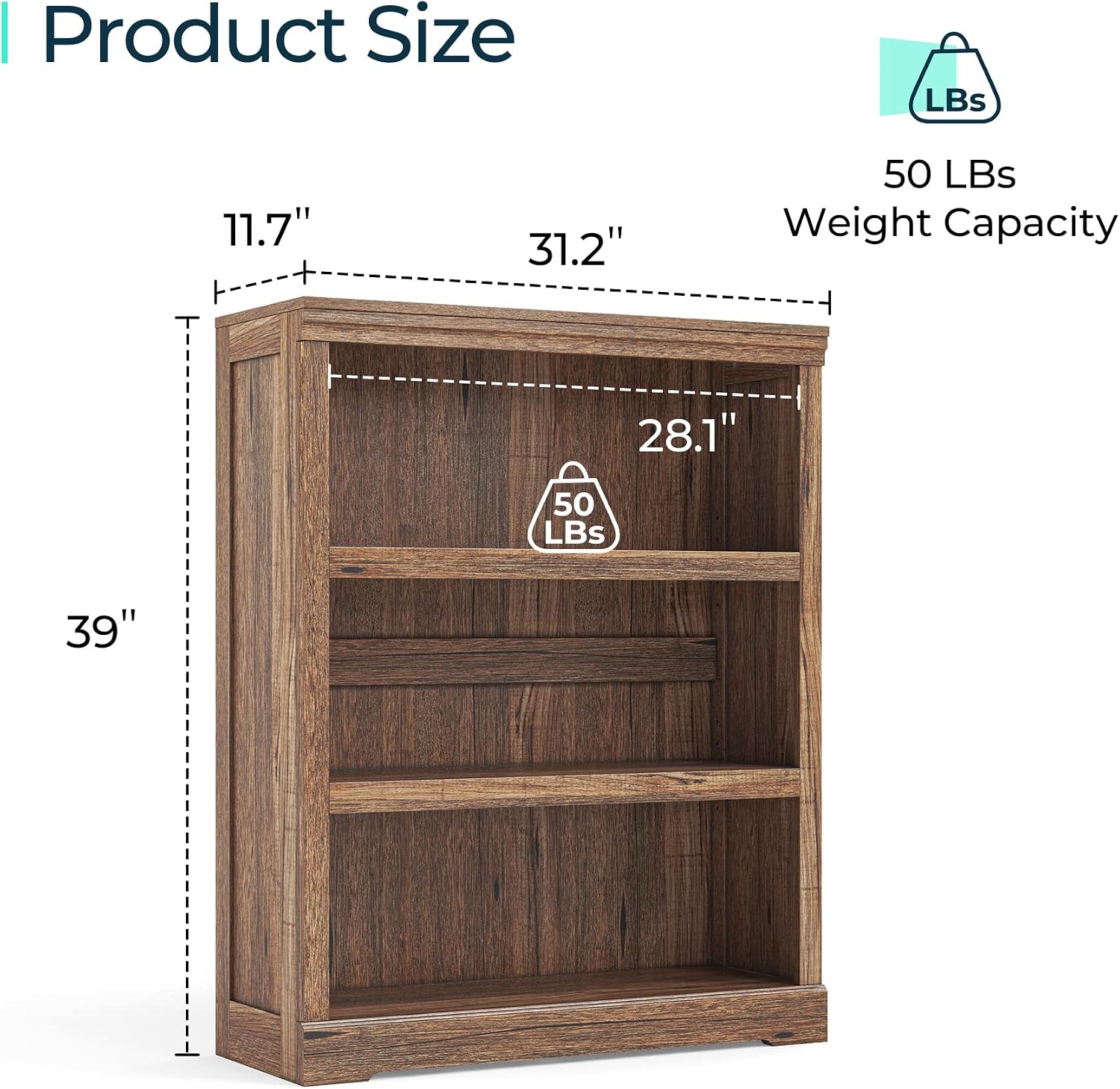 LINSY HOME 3-Tier Bookshelf Display Storage Shelves Farmhouse Bookshelf for Home Office, Living Room, Bed Room - Dark Brown