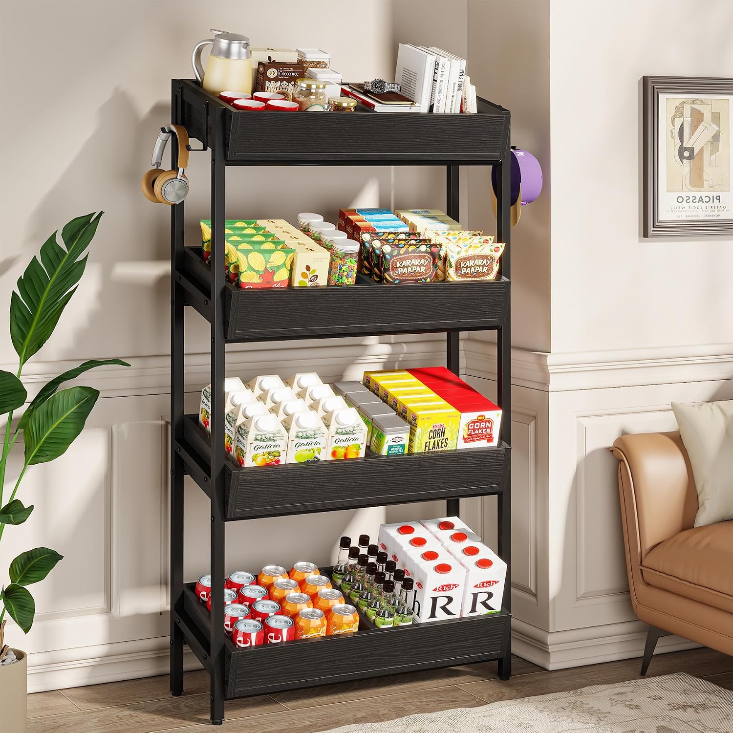 Tribesigns 4-Tier Retail Display Rack, Wooden Snack Candy Stand, Concession Potato Chip Display Rack, Storage Shelf Organizer with Heavy-Duty Metal Frame, Easy Assembly(1, Black)