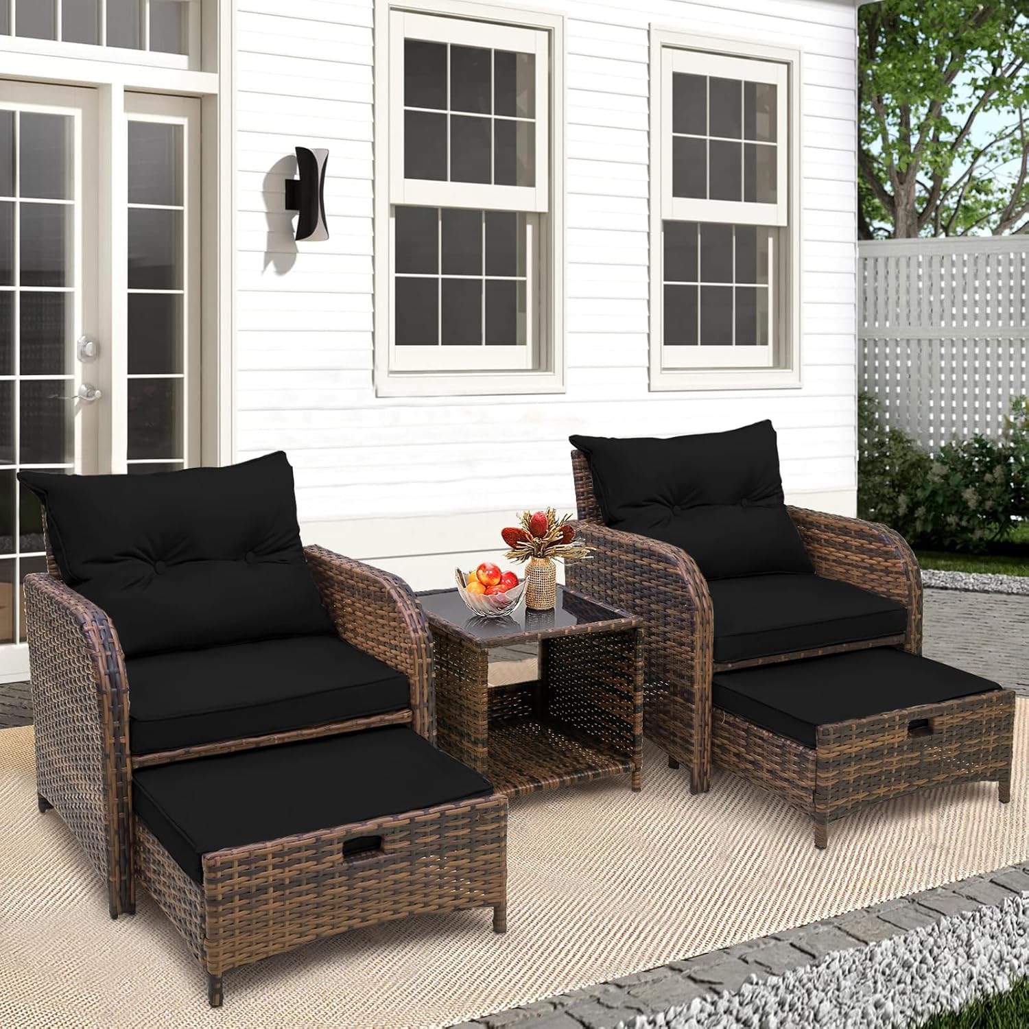 5 Pieces Wicker Outdoor Patio Chairs Set with Ottoman Patio Conversation Furniture Set with Ottoman Underneath All Weather Brown PE Rattan Balcony Furniture Set & End Table, Black Cushion