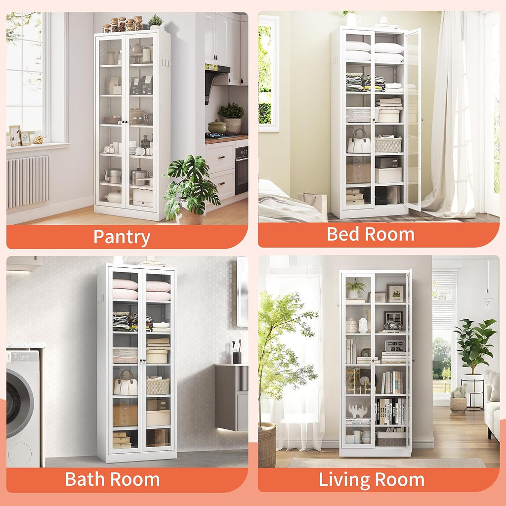 72' Metal Storage Cabinets with Glass Doors and 5 Shelves,White Kitchen Pantry Cabinet,Freestanding Steel Cupboard Display Cabinets for Kitchen,Living,Dining Room,Bathroom,Assembly Required