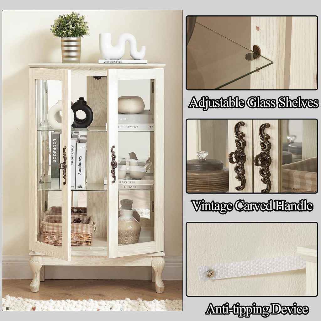 43'H Lighted Display Curio Cabinet, 3-Tier Glass Accent Storage Cabinet Curio Showcase w/ 2 Doors & Adjustable Shelves, Wine Artwork Storage Rack w/ Mirrored Back Panel for Living Room (White)