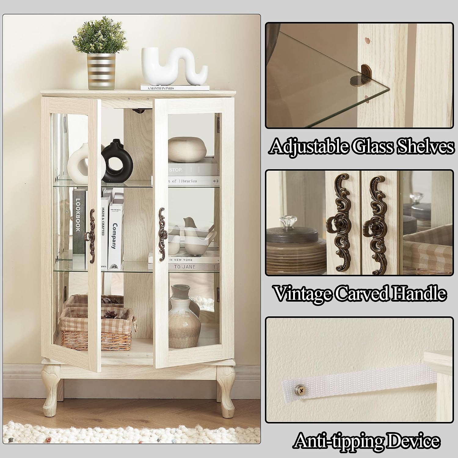 43'H Lighted Display Curio Cabinet, 3-Tier Glass Accent Storage Cabinet Curio Showcase w/ 2 Doors & Adjustable Shelves, Wine Artwork Storage Rack w/ Mirrored Back Panel for Living Room (White)