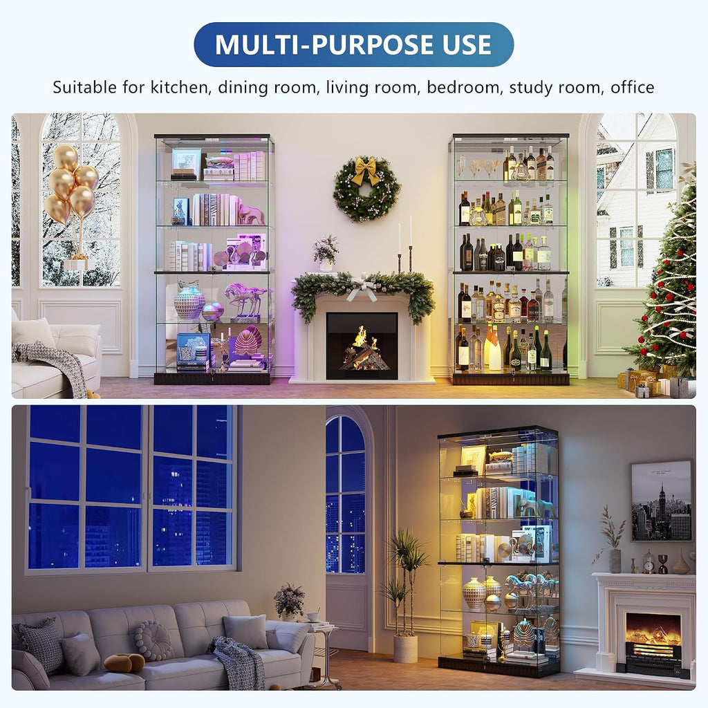 RGB Glass Display Cabinet with Lights, Modern Curio Cabinet Display Cases for Collectibles, Locking Showcase Cabinet with 5-Tier Shelves, Tall Bookcase w/ Human Body Sensor for Living Room (Black)