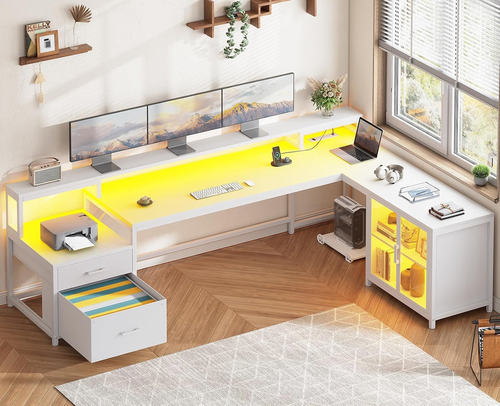 SEDETA 78.7' Large Gaming Computer Desk with Storage Drawers, Reversible L Shaped Office Desk with Display Cabinet and Power Outlet, Corner Gaming Desk with LED Lights for Home Office, White