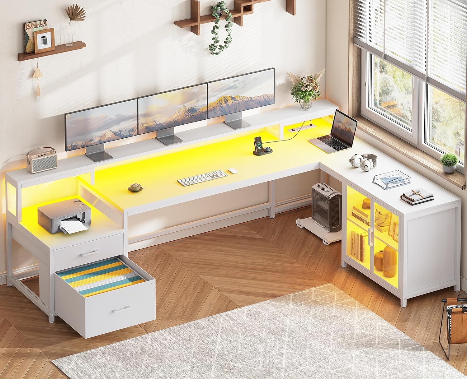 SEDETA 78.7' Large Gaming Computer Desk with Storage Drawers, Reversible L Shaped Office Desk with Display Cabinet and Power Outlet, Corner Gaming Desk with LED Lights for Home Office, White
