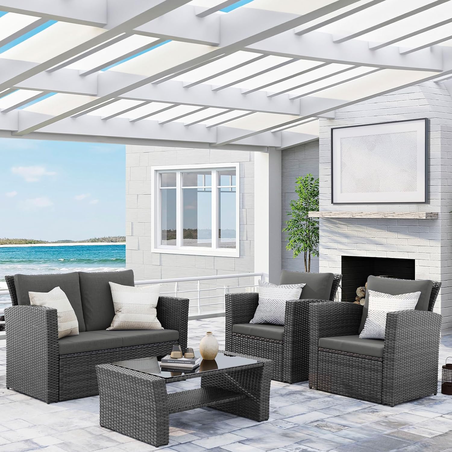 Wisteria Lane Patio Furniture Set, Wicker Outside Outdoor Furniture for All Weather, Patio Sofa with High Backrest Support and Wide Armrest for Backyard, Balcony, Deck, Porch, Black