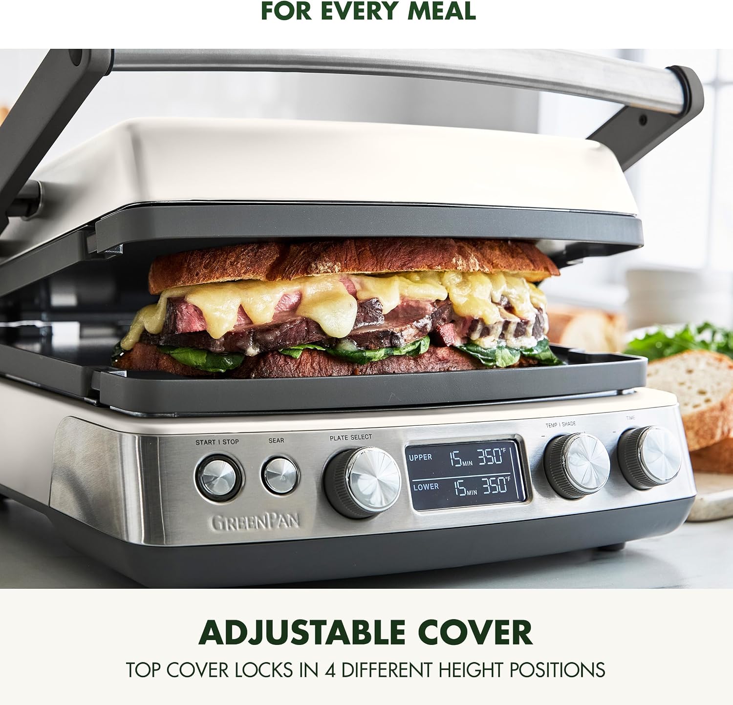 GreenPan Elite 7-in-1 Multi-Function Contact Grill & Griddle, Healthy Ceramic Nonstick Reversible Plates, Adjustable Shade & Shear, Closed Press/Open Flat Surface, PFAS-Free, Cream White