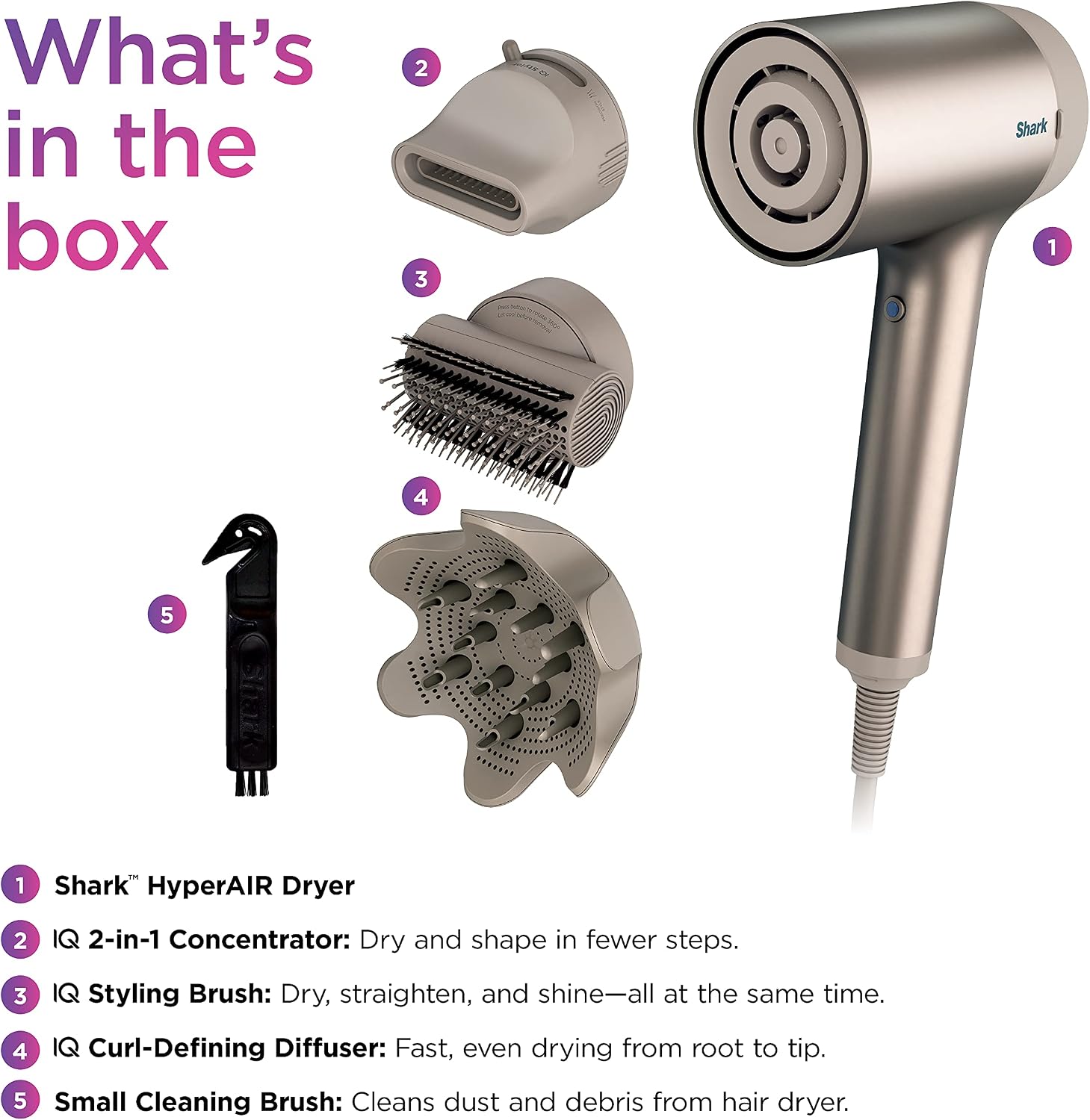 Shark HD120BRN Blow Dryer HyperAIR Fast-Drying with IQ 2-in-1 Concentrator, Styling Brush, and Curl-Defining Deep Diffuser Attachments, Ionic, No Heat Damage, for All Hair Types, Stone