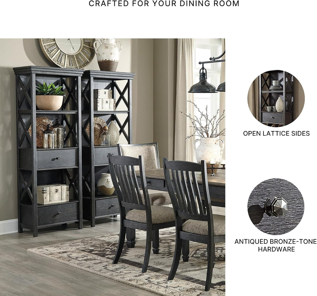 Signature Design by Ashley Tyler Creek Casual Farmhouse 75' Display Cabinet or Bookcase with Drawers and Shelf, Open Lattice Sides, Wood, Gray Black Finish