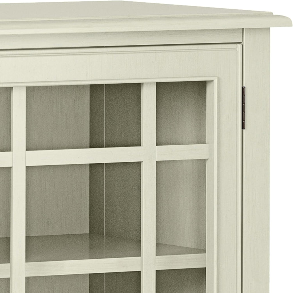 SIMPLIHOME Connaught Storage Cabinet - 46 inch Wide Solid Wood Low Storage Cabinet in Antique White, Traditional Console for Living Room, Entryway, or Dining Room with Glass Doors and Shelves