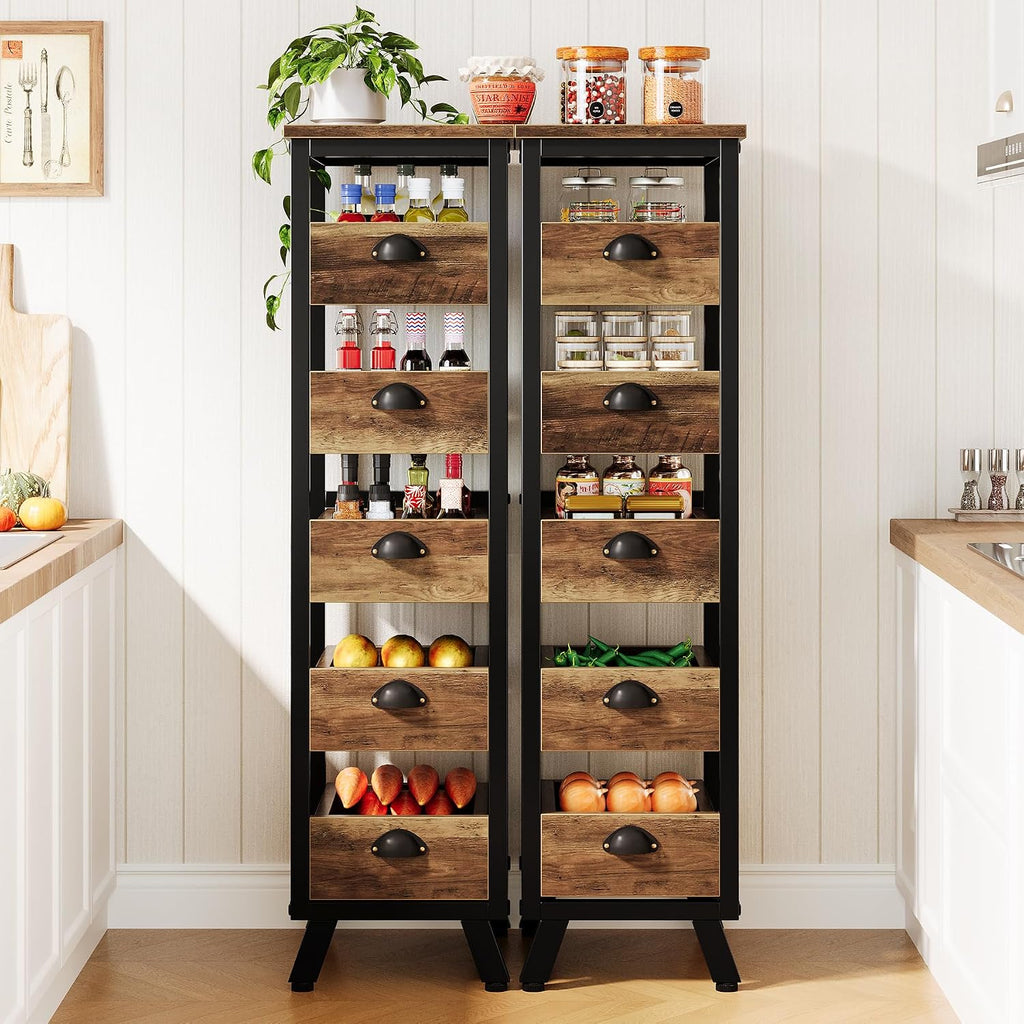Tribesigns Wood Fruit and Vegetable Storage Rack, 5-Tier Narrow Snack Stand Kitchen Stand Fruit Basket, Pull-Out Utility Organizer for Kitchen, Living Room, Rustic Brown