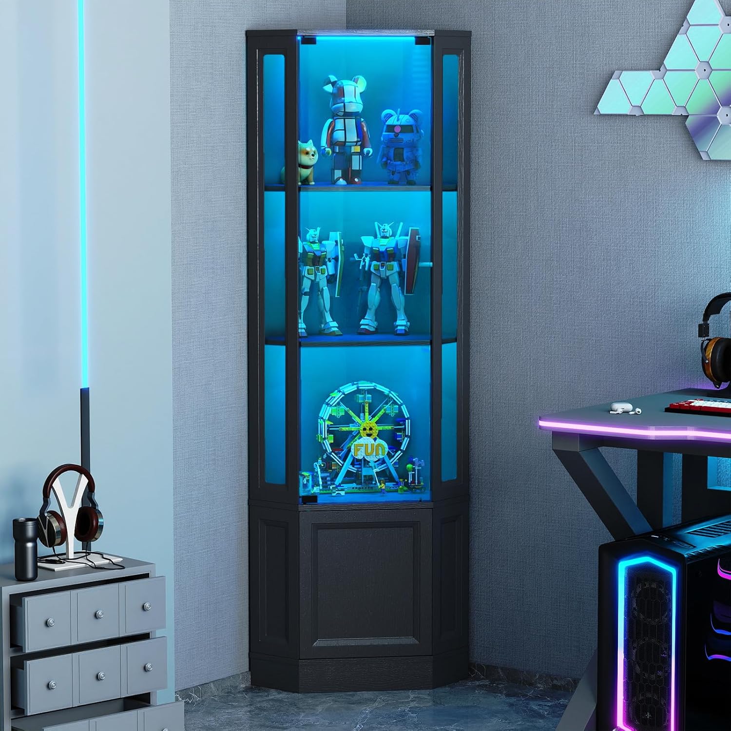 Verano Garden Corner Display Cabinet with Glass Doors, 65' Curio Cabinet w/Multi-Color LED Lights, 4-Tier Lighted Storage Display Case for Collectibles, Showcase Cabinet for Living/Game Room (Black)