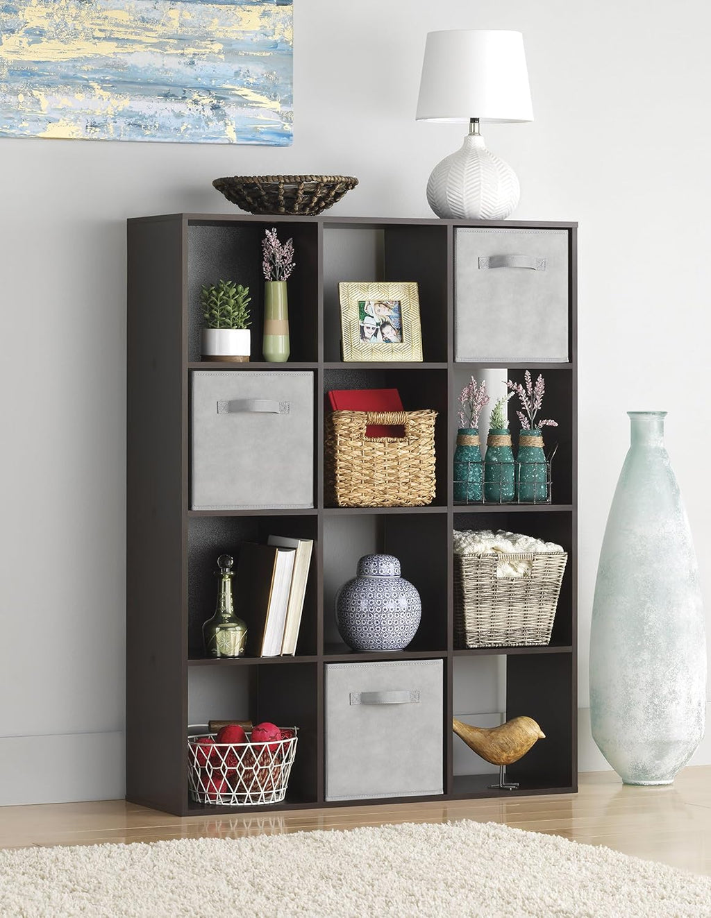 Whitmor 12 Cube Bookcase, 4 Tier Stackable MDF Bookself, Open Storage Display Organizer, Storage Cabinet for Living Room, Bedroom, Home, Office, 35.1' L x 11.7' W x 47.5' H, Espresso