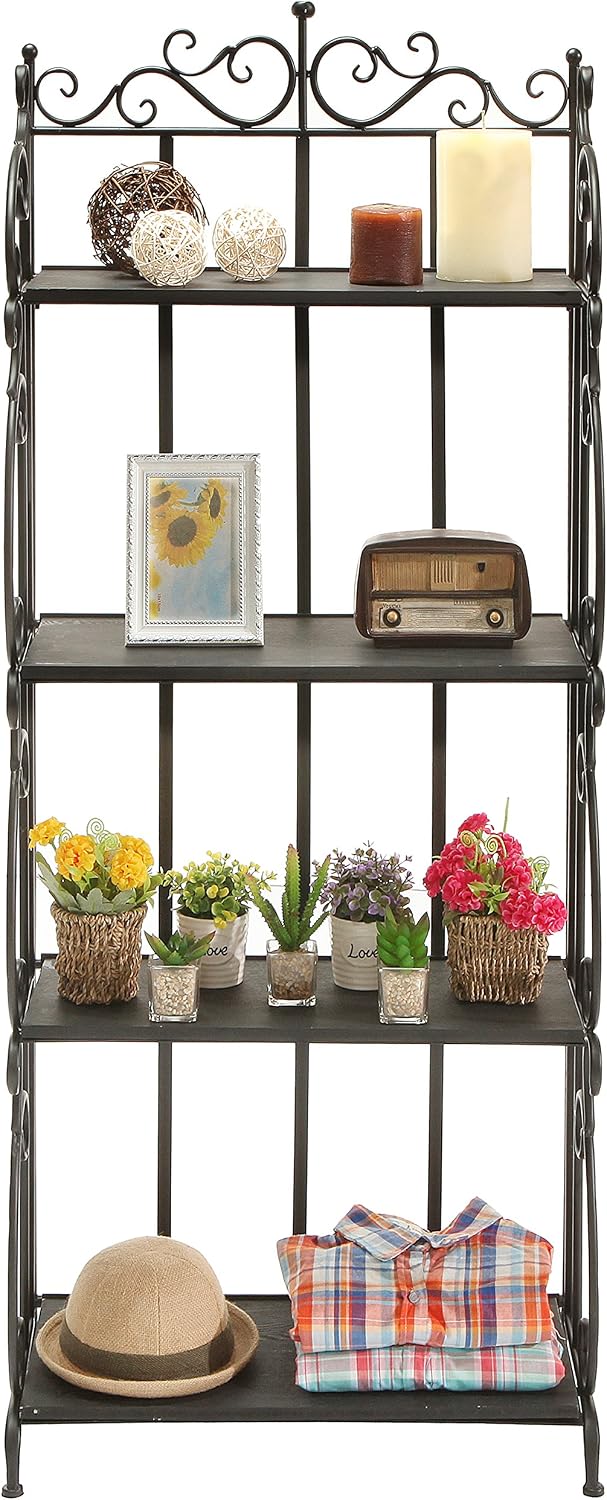 MyGift Black Metal Freestanding Shelf Rack, Decorative Bakers Rack Bookshelf Storage Shelf Unit with Metal Scrollwork Frame, Indoor Plant Pot Display Stand with 4 Wood Shelves