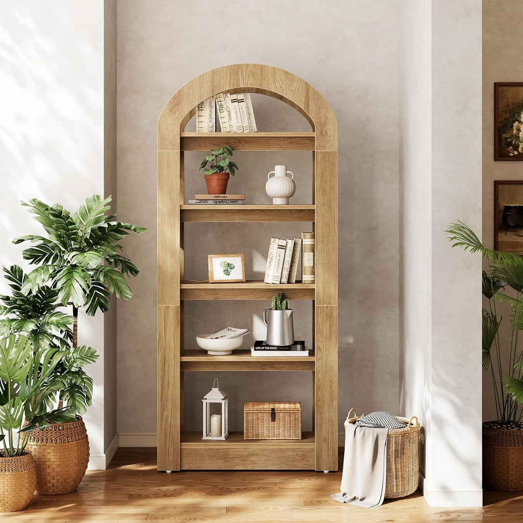 LITTLE TREE 5-Tier Bookshelf, Arch-Shaped Racks, Tall Standing Wooden Bookcase Display Shelf Modern Storage Solution (1, Teak Color)