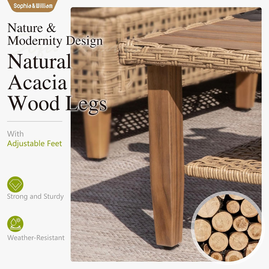 Sophia & William Boho Rattan Patio Sectional Set with Thick Cushions & Coffee Table – Balcony, Backyard & Poolside Outdoor Furniture (Beige)