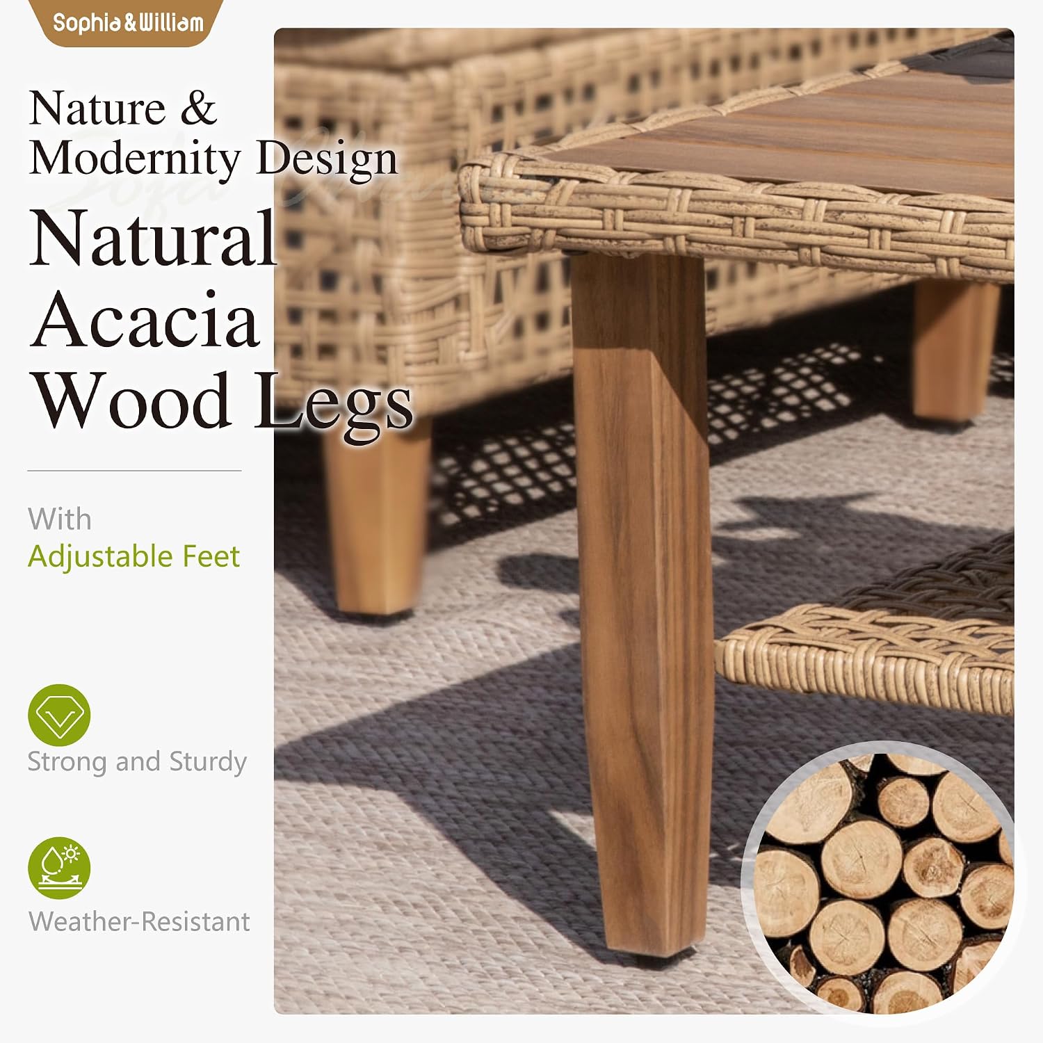 Sophia & William Boho Rattan Patio Sectional Set with Thick Cushions & Coffee Table – Balcony, Backyard & Poolside Outdoor Furniture (Beige)