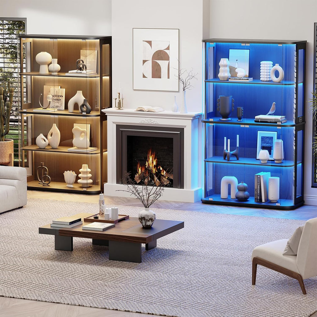 BROTTAR Large Rounded Display Cabinet with Glass Door, 4-Tier Curio Cabinet with 3 Color Lights for Collectibles, Glass Display Case with Transparent Full-Display Surface, Human Body Sensor, Black