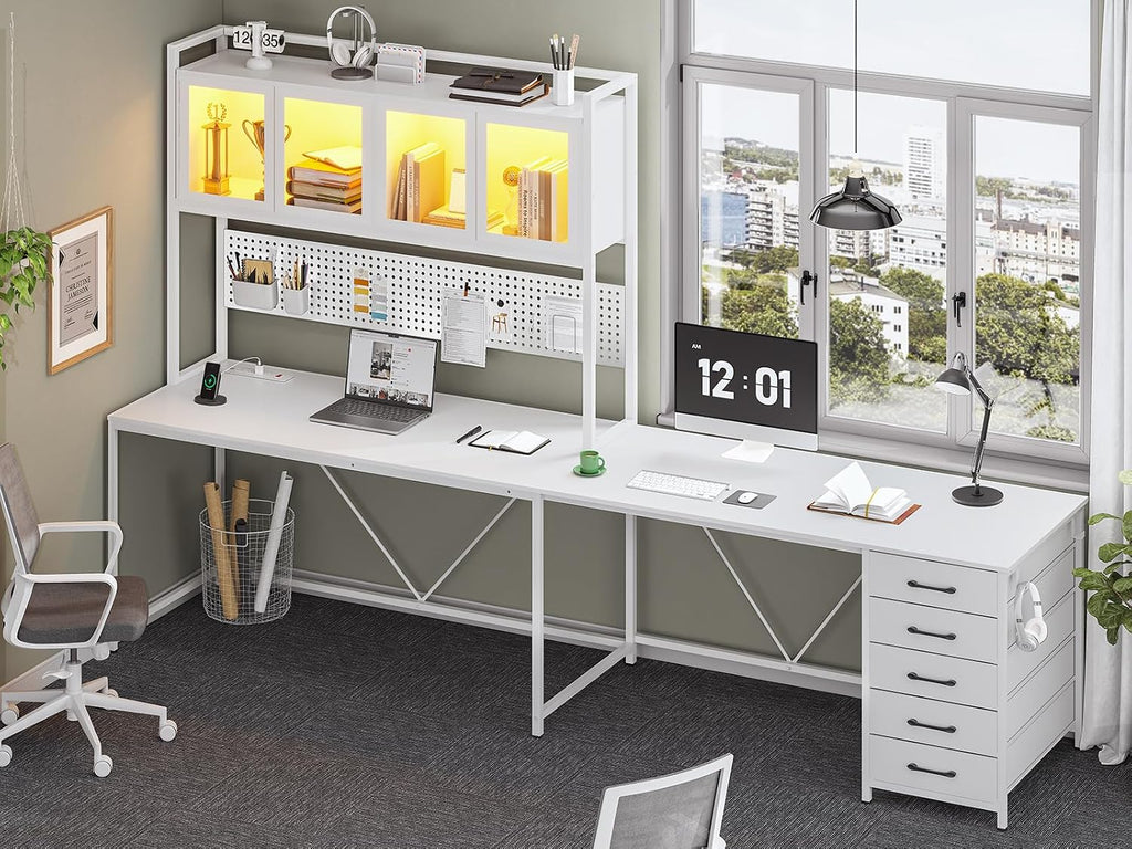 SEDETA L Shaped Gaming Desk with Drawers, L Shaped Computer Desk with Hutch and Storage Shelves, Gaming Desk with Pegboard, Led Lights, and Power Outlet, Home Office Desk, Corner Desk, White