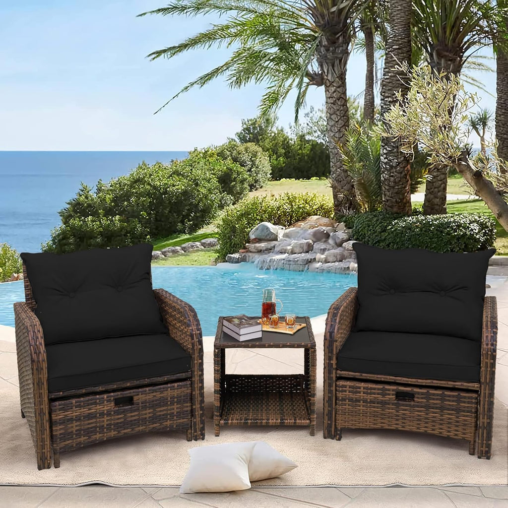 5 Pieces Wicker Outdoor Patio Chairs Set with Ottoman Patio Conversation Furniture Set with Ottoman Underneath All Weather Brown PE Rattan Balcony Furniture Set & End Table, Black Cushion