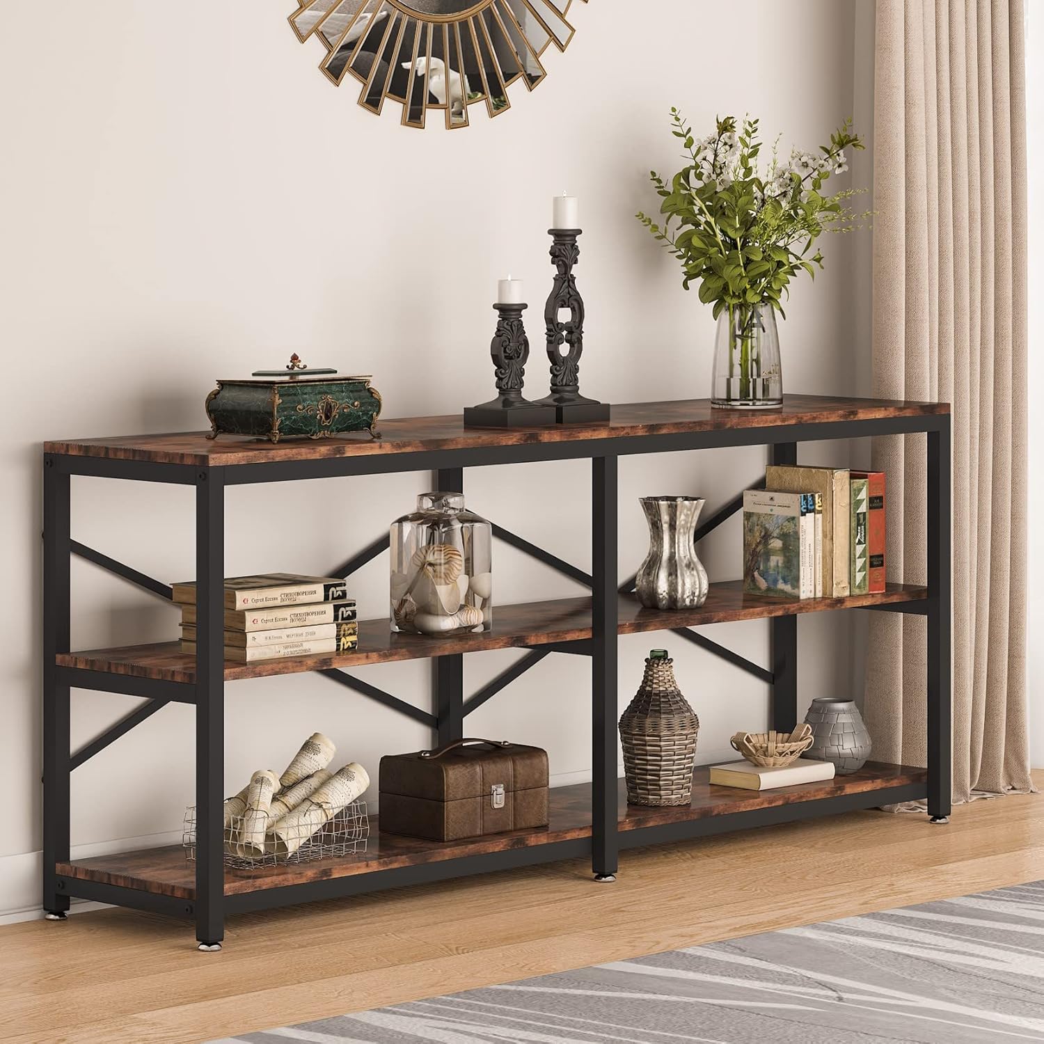 Tribesigns 70.9 Inch Extra Long Console Table, Modern Sofa Table Behind Couch Table with Storage Shelves, 3-Tier Industrial Hallway Entryway Table for Living Room, 3 Shelf Bookshelf(Brown)