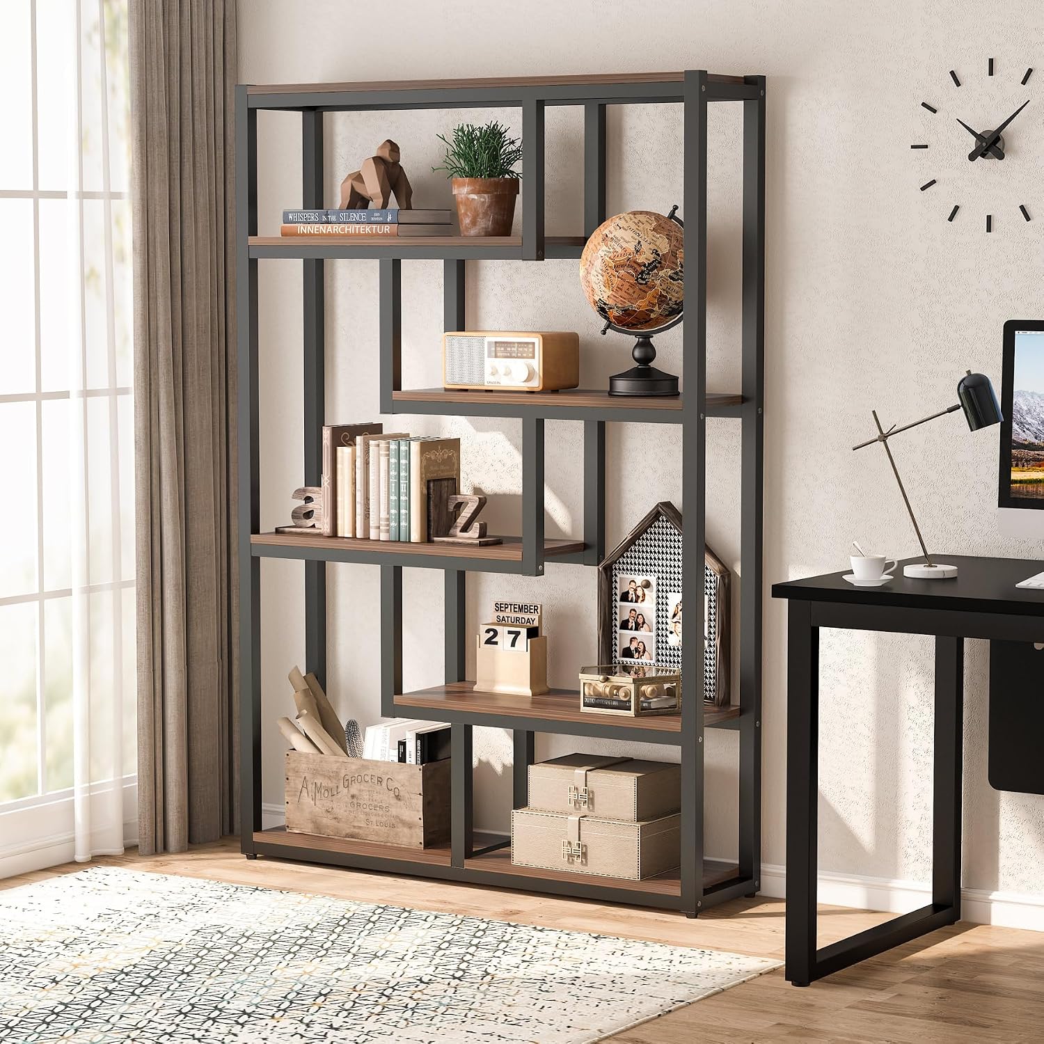 Tribesigns 6-Shelf Industrial Bookshelf Set of 2, Vintage Etagere Bookcase, 69 Inch Tall Storage Display Staggered Shelves with Sturdy Metal Frame for Home Office, Dark Walnut