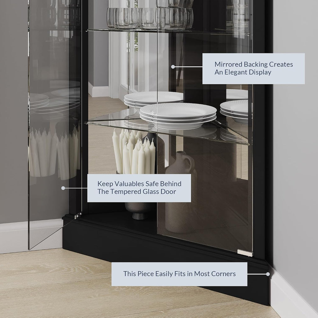 BELLEZE Lighted Corner Display Curio Cabinet Wooden Shelving Unit with Tempered Glass Door, Bar and Liquor Storage Area with 6 Shelves - Woody (Black)