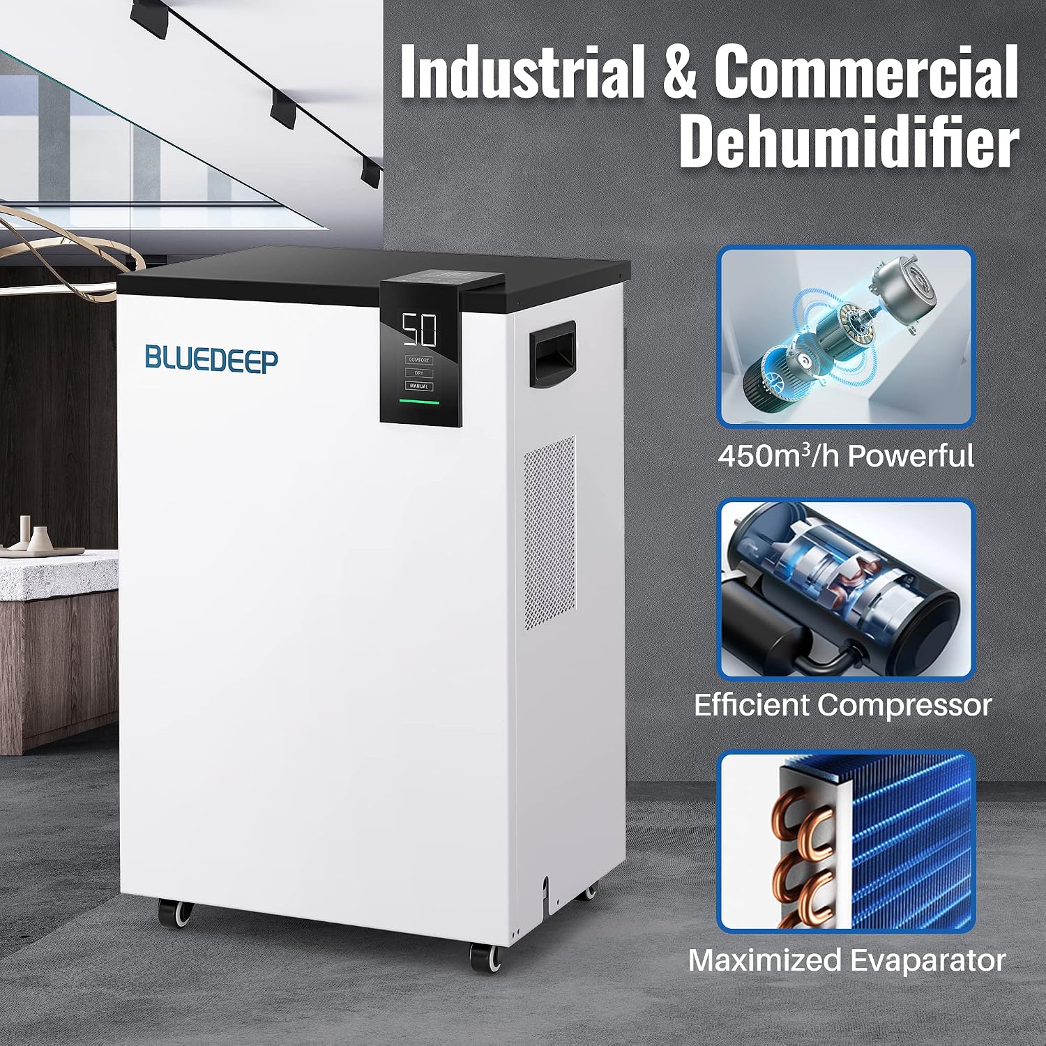 BLUEDEEP 190 Pints Commercial Dehumidifier with 6.56ft Drain Hose and 1.75 Gallon Water Reservoir, Water Damage Restoration Dehumidifier, for Basements, Industrial or Commercial Spaces and Job Sites