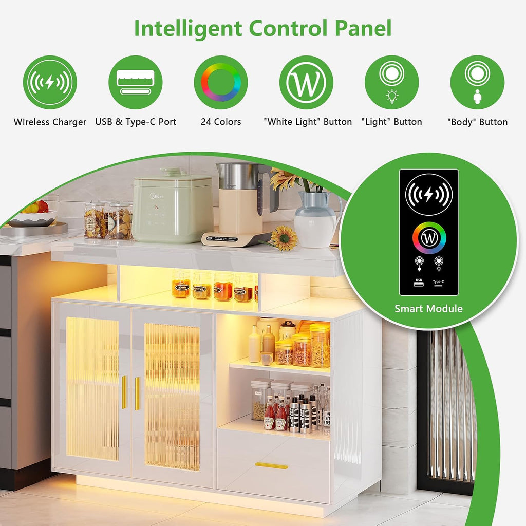 HNEBC LED Sideboard Buffet Cabinet with Charging Station, Smart Bar Cabinet with Auto RGB Lighted, High Gloss Coffee Bar with Drawer/Hutch for Living Room, Dining Room, Home Storager(White)