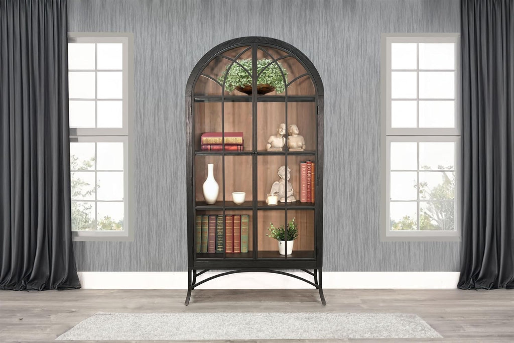 Sunny Designs Ella Arched Metal & Wood Display Cabinet with Glass Doors – Powder-Coated Steel Frame, Magnetic Latches, Adjustable Shelves, Windowpane Design, Living Room Storage (Umbra/Oak Grove)