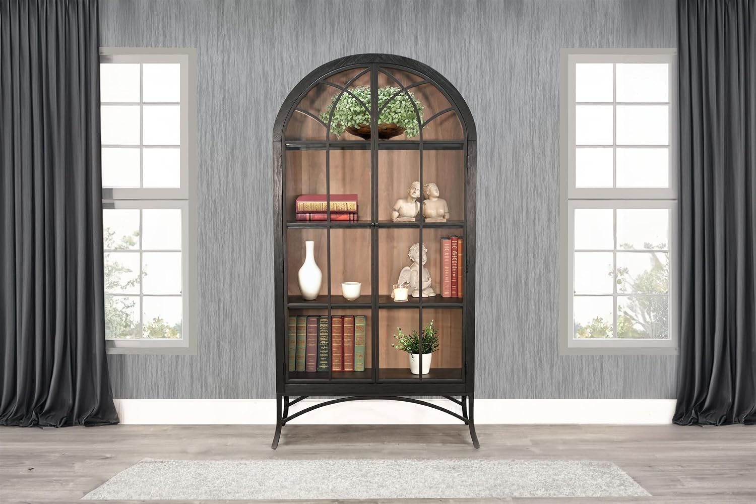 Sunny Designs Ella Arched Metal & Wood Display Cabinet with Glass Doors – Powder-Coated Steel Frame, Magnetic Latches, Adjustable Shelves, Windowpane Design, Living Room Storage (Umbra/Oak Grove)