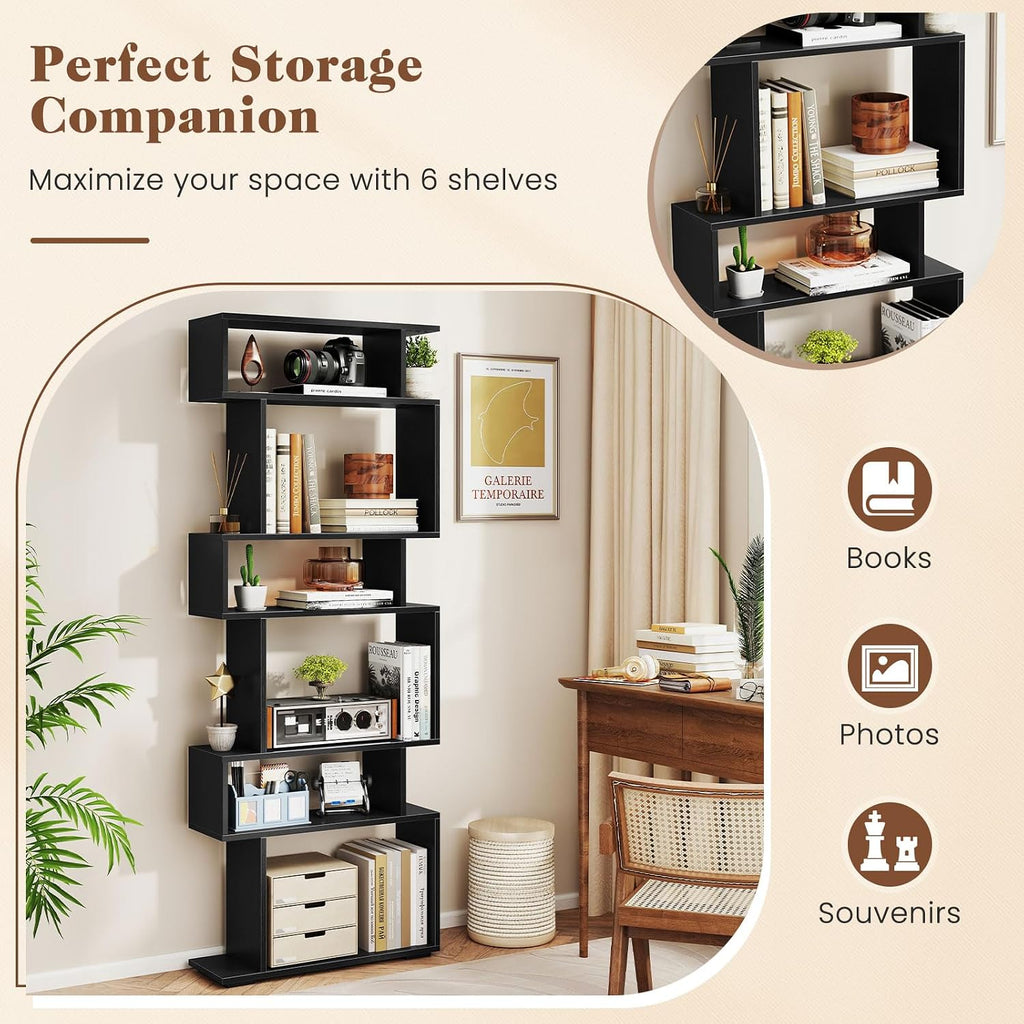 Giantex 6-Tier Geometric Bookshelves Set of 2, S-Shaped Bookcase with 2 Anti-Tipping Kits, Wooden Display Shelf, Decorative Storage Shelving Unit, Home Storage Organizer for Office Living Room, Black