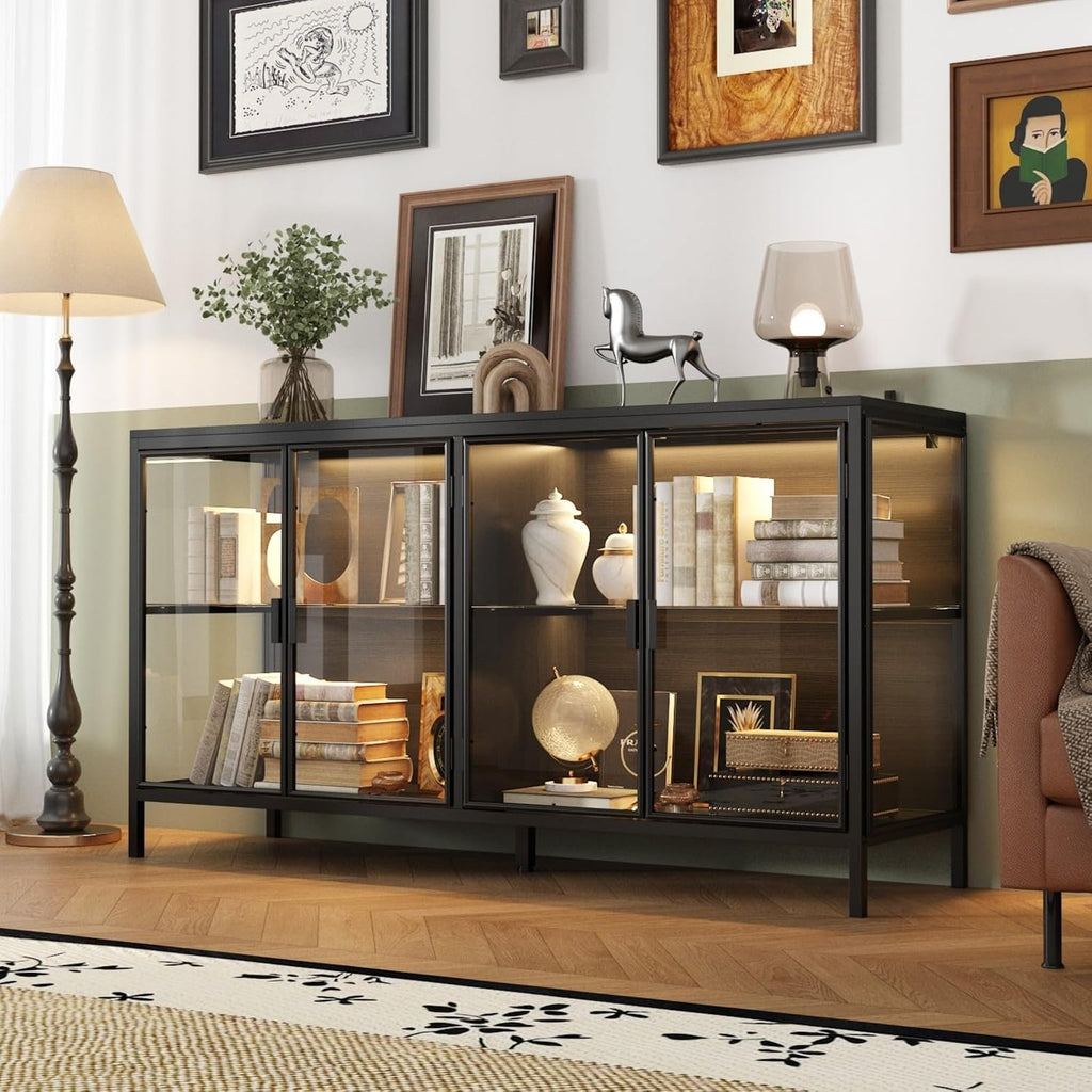 Display Cabinet with Glass Doors & LED Lights, Sideboard Buffet Cabinet with Glass Shelves & Metal Frame, for Living Room Black, 55.1'W x 15.7'D x 29.5'H