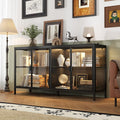 Display Cabinet with Glass Doors & LED Lights, Sideboard Buffet Cabinet with Glass Shelves & Metal Frame, for Living Room Black, 55.1'W x 15.7'D x 29.5'H