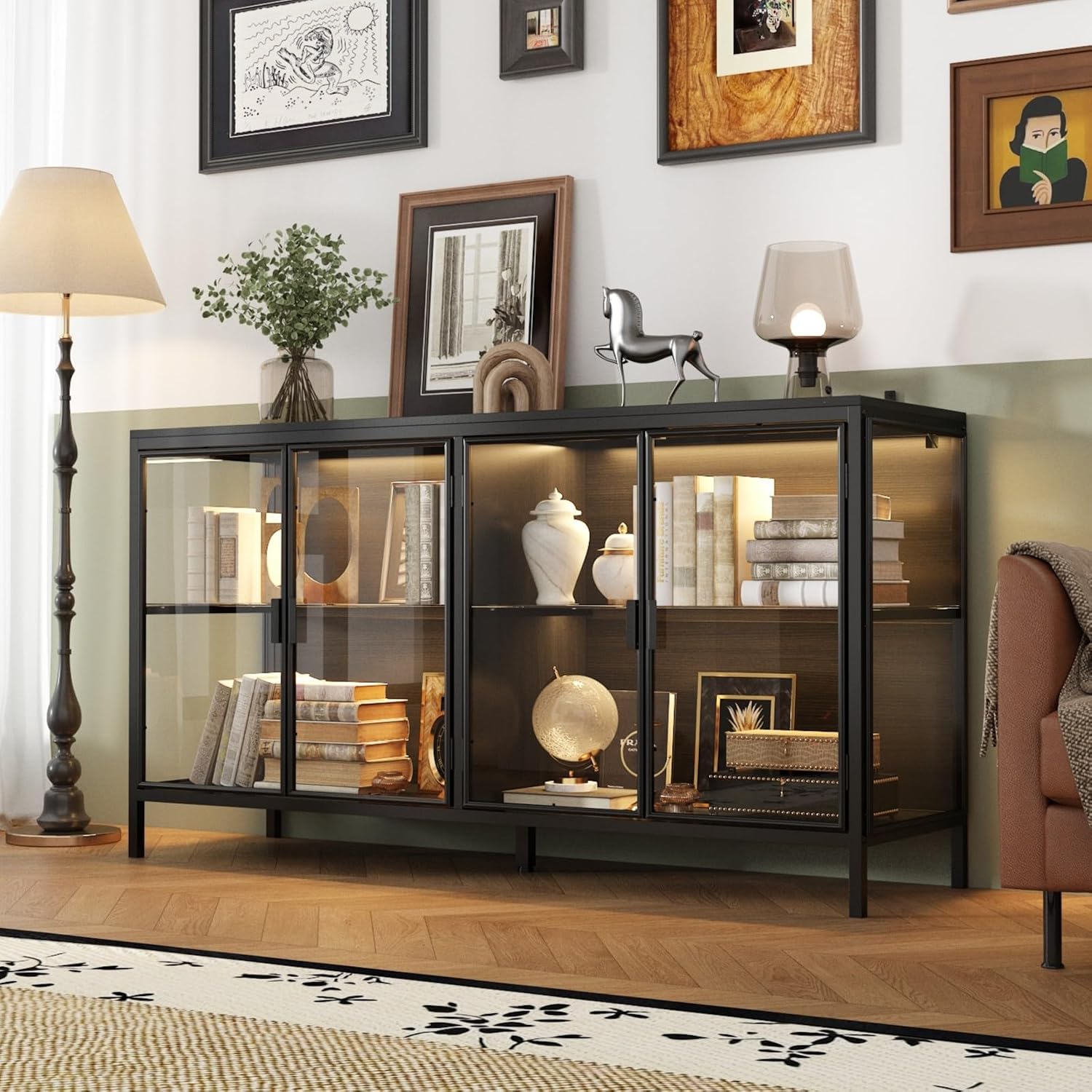 Display Cabinet with Glass Doors & LED Lights, Sideboard Buffet Cabinet with Glass Shelves & Metal Frame, for Living Room Black, 55.1'W x 15.7'D x 29.5'H