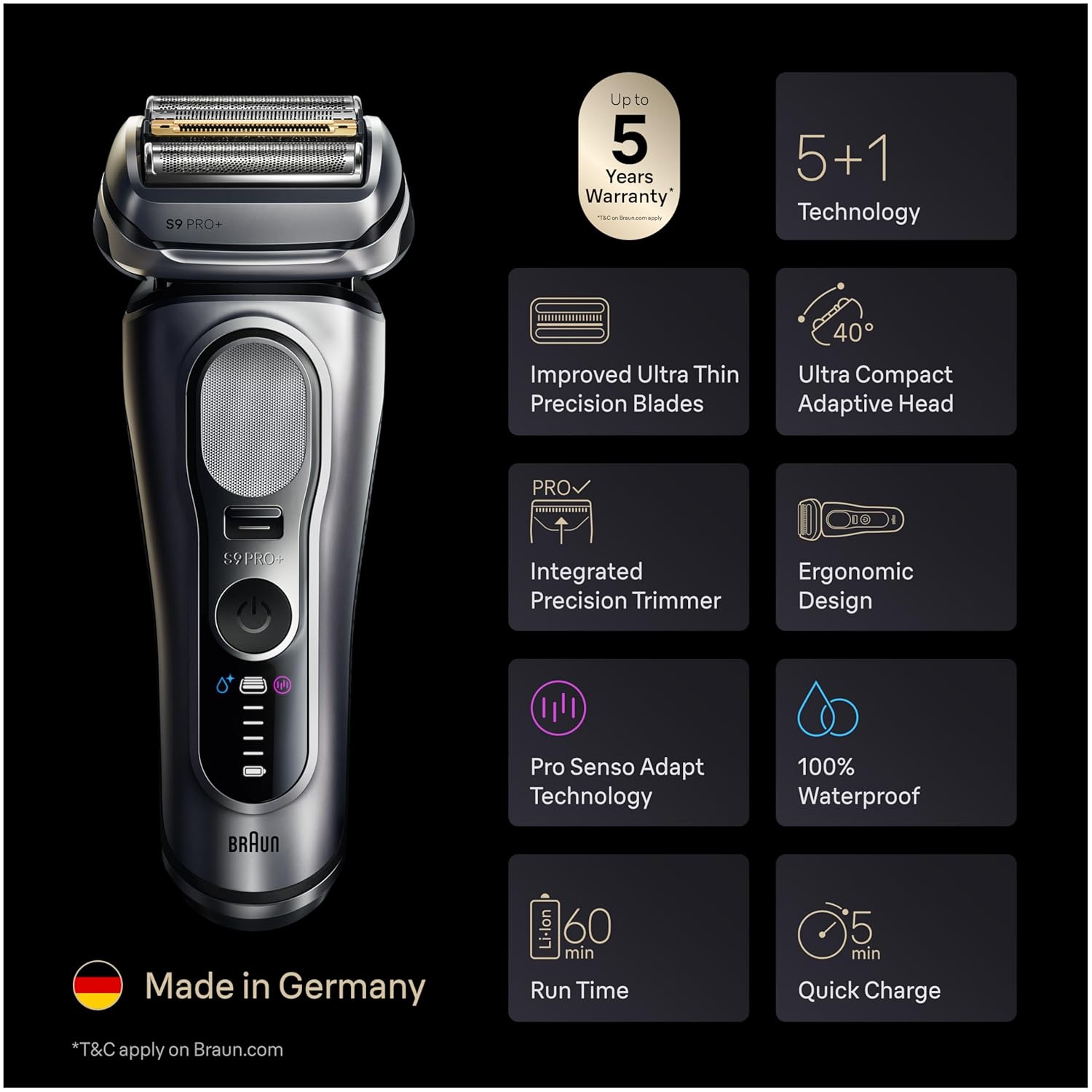 Braun Electric Razor for Men Series 9 PRO+ Electric Foil Shaver with Precision Trimmer, Charging Stand, Face, Beard Clippers, 9617s