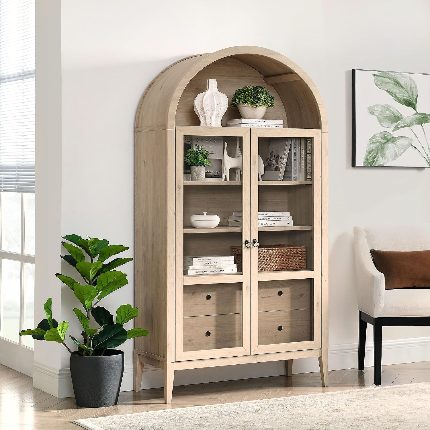 Modway Nolan Tall Arched Storage Display Cabinet in Light Oak - 74 Inch Arch Bookshelf with Glass Doors, Shelves and Drawers - Modern Accent Cabinet for Living Room, Dining Room