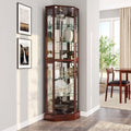 BELLEZE Lighted Corner Display Curio Cabinet,72' Tall Wooden Curved Shelving Unit with Tempered Glass Door, Bar and Liquor Storage Area with 6 Shelves - Ashfield (Walnut)