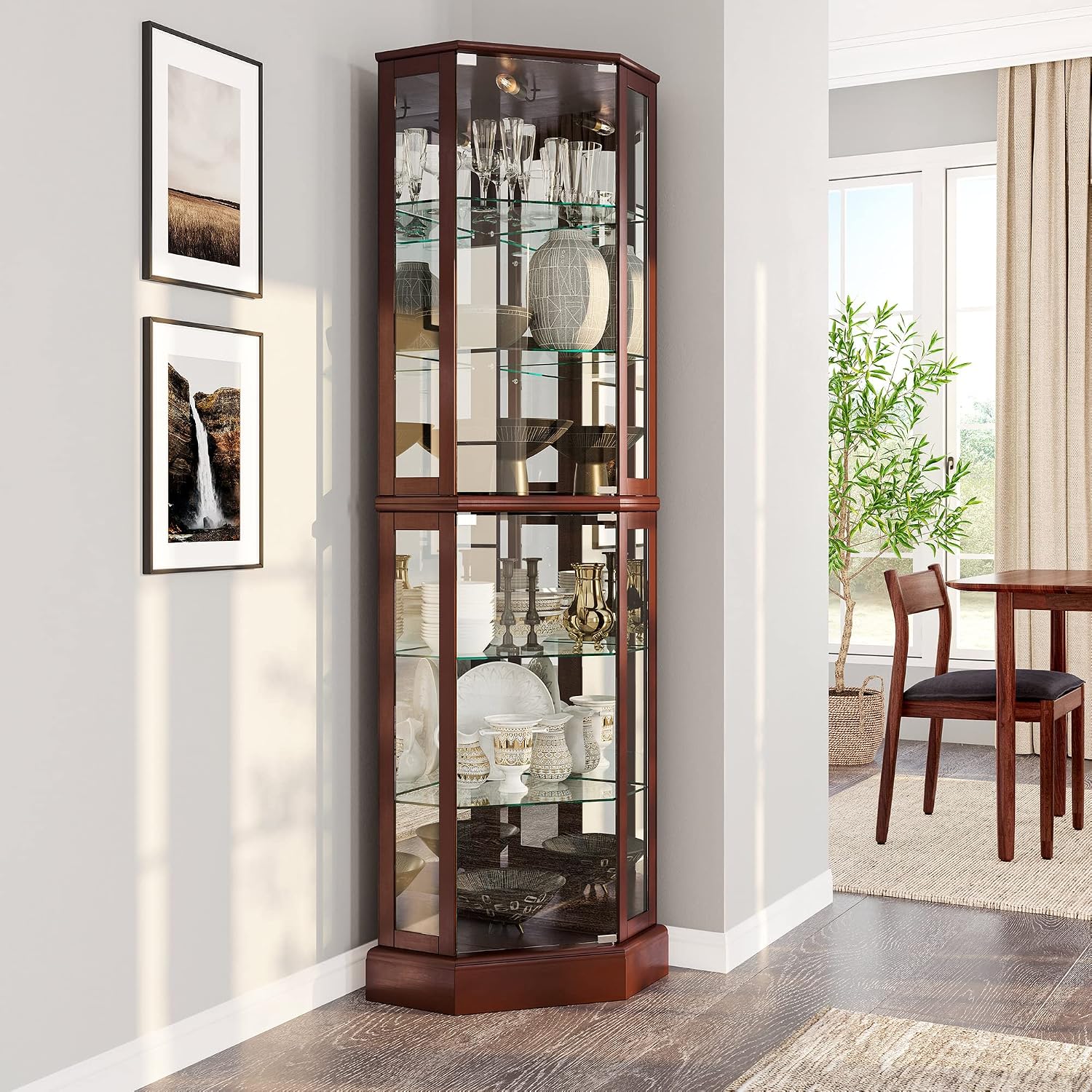 BELLEZE Lighted Corner Display Curio Cabinet,72' Tall Wooden Curved Shelving Unit with Tempered Glass Door, Bar and Liquor Storage Area with 6 Shelves - Ashfield (Walnut)