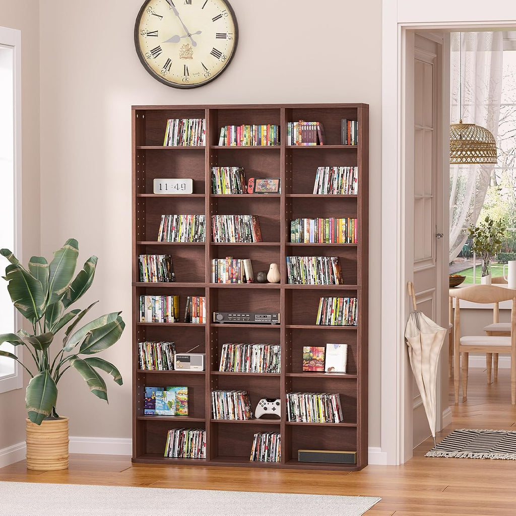 LELELINKY 8 Tier Tall Display Cabinet, Walnut Media Storage Cabinet with Adjustable Shelves, Free Standing DVD Organizer Shelf, Floor Multimedia Storage Manga Bookshelf for Living Room & Home Office.