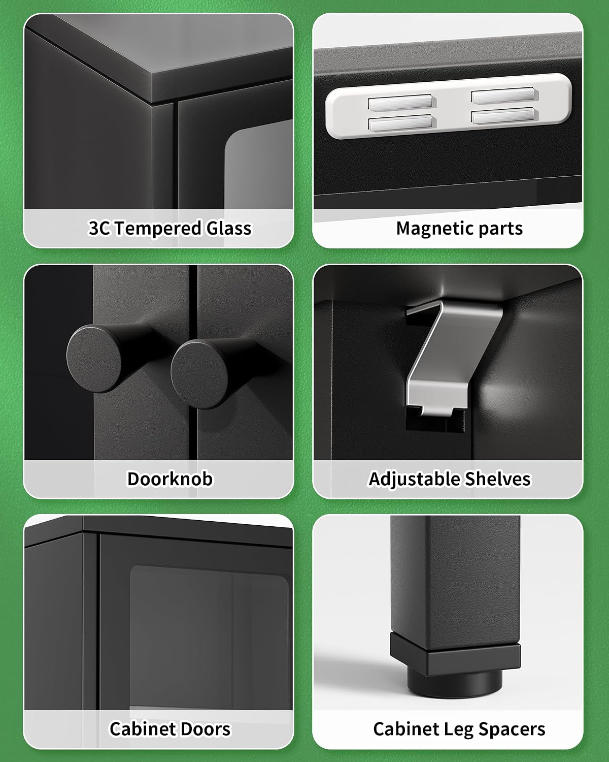 Greenvelly 67' Metal Display Cabinet with Doors and 4 Shelves, Black Glass Display Storage Cabinets for Collectibles, Tall Curio Cabinet with Glass Doors for Home Office, Living Room, Pantry