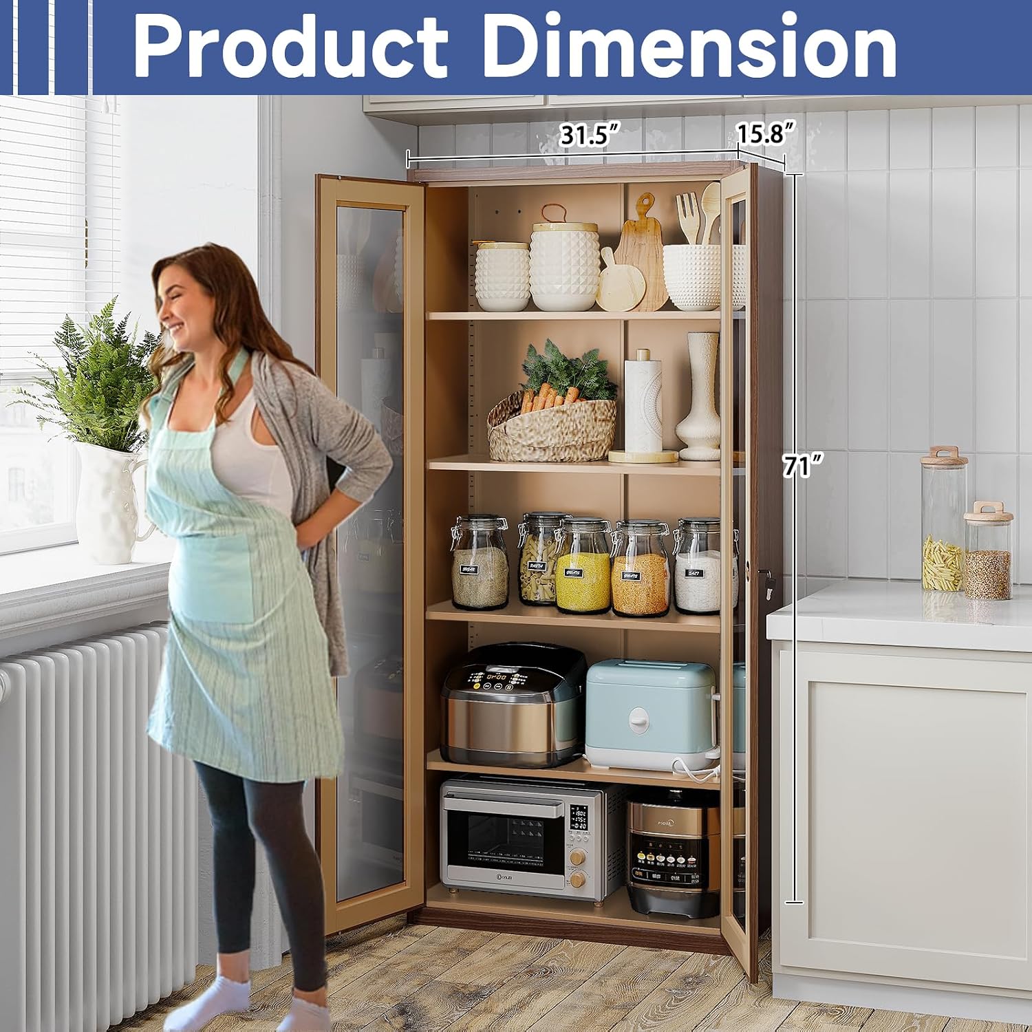 Display Cabinet with Glass Doors, Display Case Cabinet for Collectibles, Curio Display Cabinet with 4 Adjustable Shelves, 71' Glass Display Cabinet for Home Living Room (Wood Color)